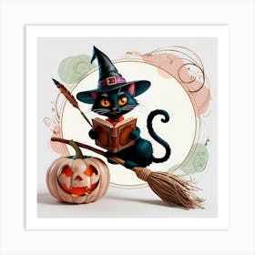 Black Cat Witch Reading A Book Art Print