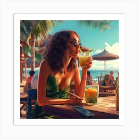 Girl Drinking Cocktail At The Beach Art Print