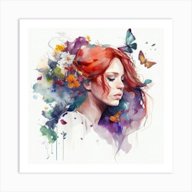Watercolor Floral Red Hair Woman #1 Art Print