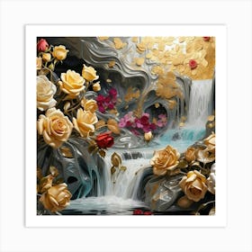 Waterfall With Roses 1 Art Print