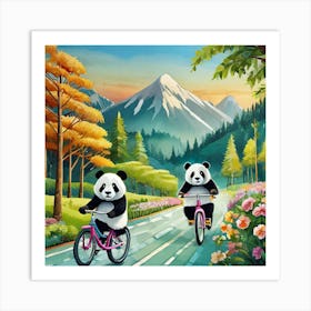 Panda Bears On Bicycles 1 Art Print