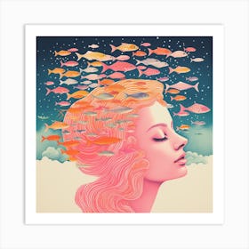 Surreal Woman & Fish Dreamy Portrait Art Print