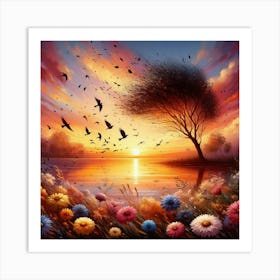 Sunset With Birds 1 Art Print