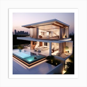 Modern House At Dusk Art Print