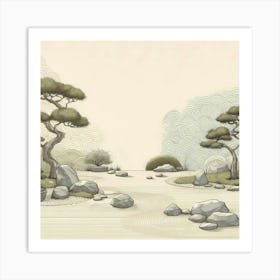 Japanese Zen Garden With Raked Sand, Rocks, And Bonsai Trees, Wallart Painting Art Print