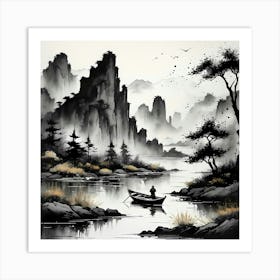 A serene river with small boat surrounded by the breathtaking cliffs Art Print