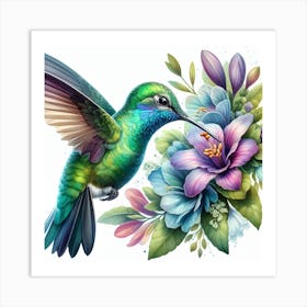 Hummingbird and Flower: A Realistic Watercolor Painting of a Beautiful Nature Scene Art Print