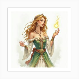 Graceful Enchantress With A Magical Amulet, Watercolor 1 Art Print