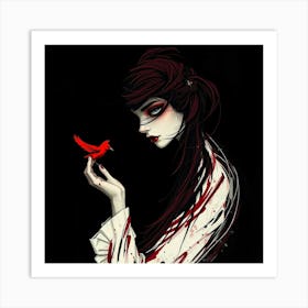 Girl With A Red Bird Art Print