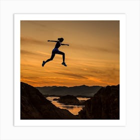 Silhouette Of A Woman Jumping In The Air Art Print