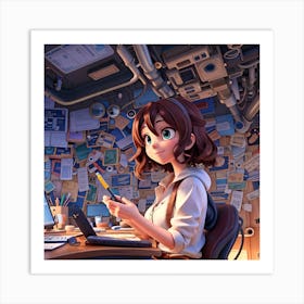 Anime Girl At Desk Art Print