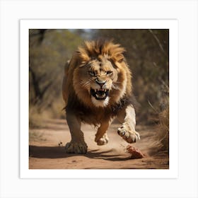 Lion Running - A Lion Pounces On Its Prey With Extreme 1 Art Print