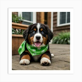 Bernese Mountain Dog puppy with brown eyes, wearing a bright green bandana with white designs. The image should capture Lemmy in an adorable, eye-catching pose that embodies the playful and loving nature of a puppy. The image should be in the vivid and detailed 3d animation. Set the background to a front porch, in the background you can see 3 pairs of girls shoes, 2 toddler size and one teenagers making it colorful and engaging. 2 Art Print