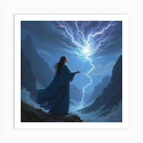 Sorceress With Shimmering Robes Conjuring A Magical Storm Over A Mountain Range 1 Art Print