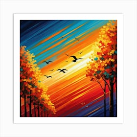 Sunset With Birds Art Print