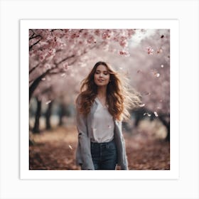 Girl and cherry blossom trees Art Print