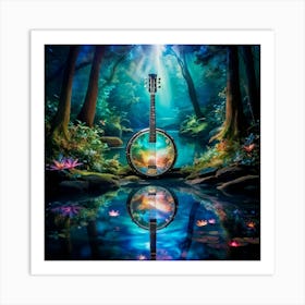 Enchanted Forest Scene With A Banjo Floating On A Still Body Of Water Reflections Forming A Kaleido Art Print