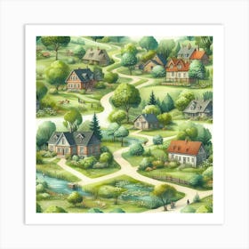 Watercolor Village In Bright Summer Tones Art Print