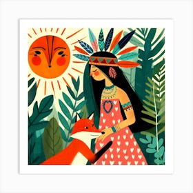 Indian Girl with Fox, Sun, and Nature Art Print