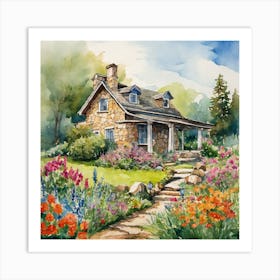 Watercolor painting of a stone cottage In the flower garden Art Print