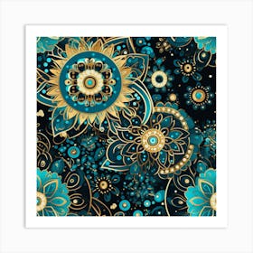 Blue And Gold Floral Pattern Art Print