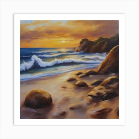 The sea. Beach waves. Beach sand and rocks. Sunset over the sea. Oil on canvas artwork.1 Art Print