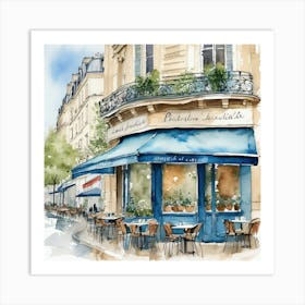 Paris Street Cafe Scene Illustration Sage Blue Watercolour 3 Art Print 1 Art Print