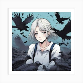 Manga Girl With Crows Art Print