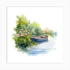 Watercolor Boat On The River Art Print