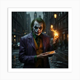 Joker Holding A Flaming Joker Card In A Rainy Gotham Art Print