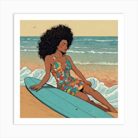 Afro Girl On A Surfboard Art Print