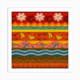 Colorful Abstract Pattern With Bands Of Flowers, Zigzags, Waves, Bananas, And Geometric Shapes Art Print