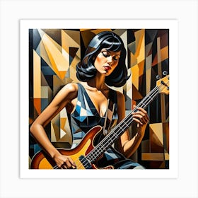 Woman Playing Guitar Cubism Style Art Print