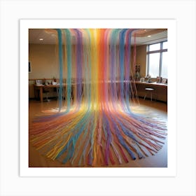 A Colorful Art Installation Of Numerous Yarn Strands Suspended From The Ceiling, Creating A Cascading Rainbow Effect In A Room With Large Windows Art Print