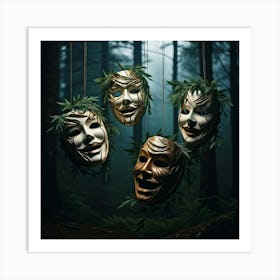 3d Masks Suspended In Mid Air One Symbolizing Tragedy With A Tear Streaked Visage Other Embodying Art Print