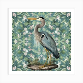 Great Blue Heron William Morris Style Bird Art Print