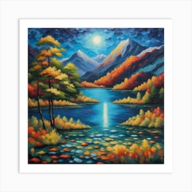 All seasons Serenity: Reflective Lake and Mountain Landscape Art with Vibrant Fall Foliage Art Print