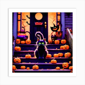 Halloween Cat In Front Of House 1 Art Print