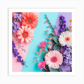 Colorful Flowers On A Purple, Pink And Blue Background Art Print