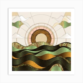 Straight and broken flowing lines and tree shapes, gold, sage, in the form of a tropical ocean. 4 Art Print