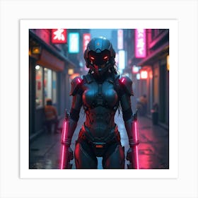 Cybernetic Bounty Hunter With Glowing Weapons, In A Neon Lit City Alley 1 Art Print