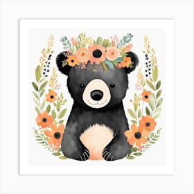 Floral Baby Black Bear Nursery Illustration (1) Art Print