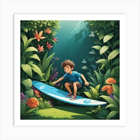 Boy Surfing In The Jungle Art Print