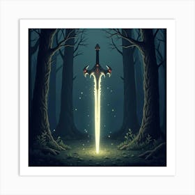 A Magical Sword With Runes Glowing In A Dark Forest 1 Art Print