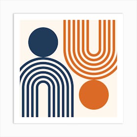 Mid Century Modern Geometric in classy navy blue burnt orange (Rainbow and Sun Abstract Design) 4 Art Print