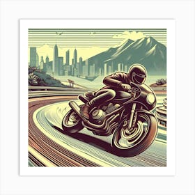 A Guy Riding A Motorcycle Fast Around A Curve Retro Art Stlye 3 Art Print