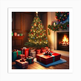 Christmas Presents Under Christmas Tree At Home Next To Fireplace Ultra Hd Realistic Vivid Colors (1) Art Print