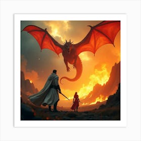 Epic Confrontation: Knight and Child Versus the Fiery Dragon Art Print