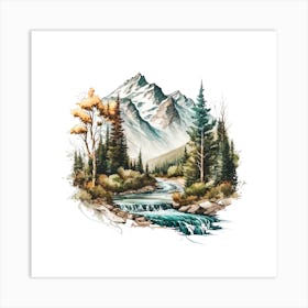 Watercolor Of A Mountain Stream Art Print