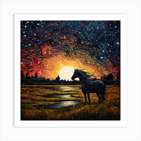 Wild Stallion At Starry Night Art Print